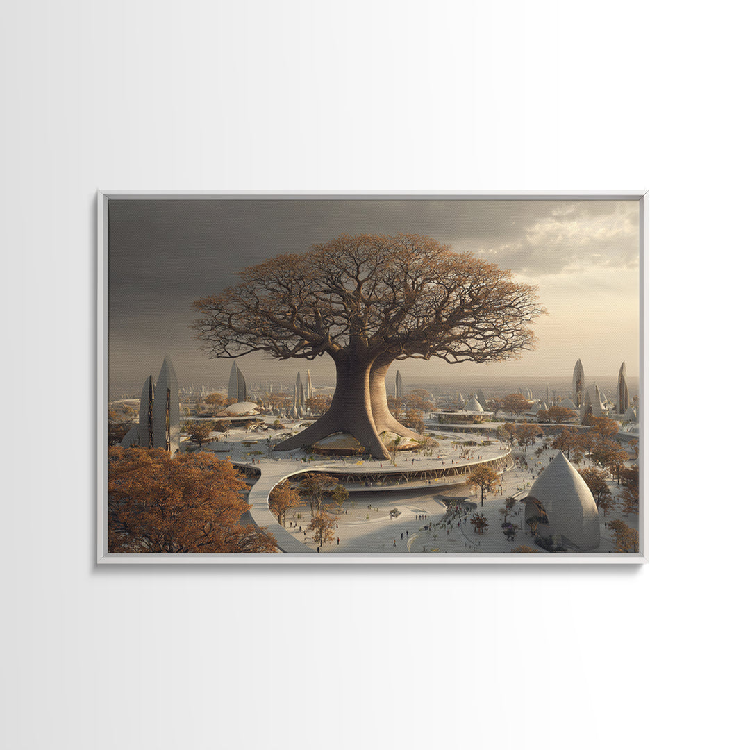 Giant Baobab Future City At Sunset, African Landscape Wall Art, Framed Canvas Print, Afrofuturism Decor, Statement Art For Living Room