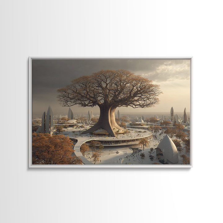 Giant Baobab Future City At Sunset, African Landscape Wall Art, Framed Canvas Print, Afrofuturism Decor, Statement Art For Living Room