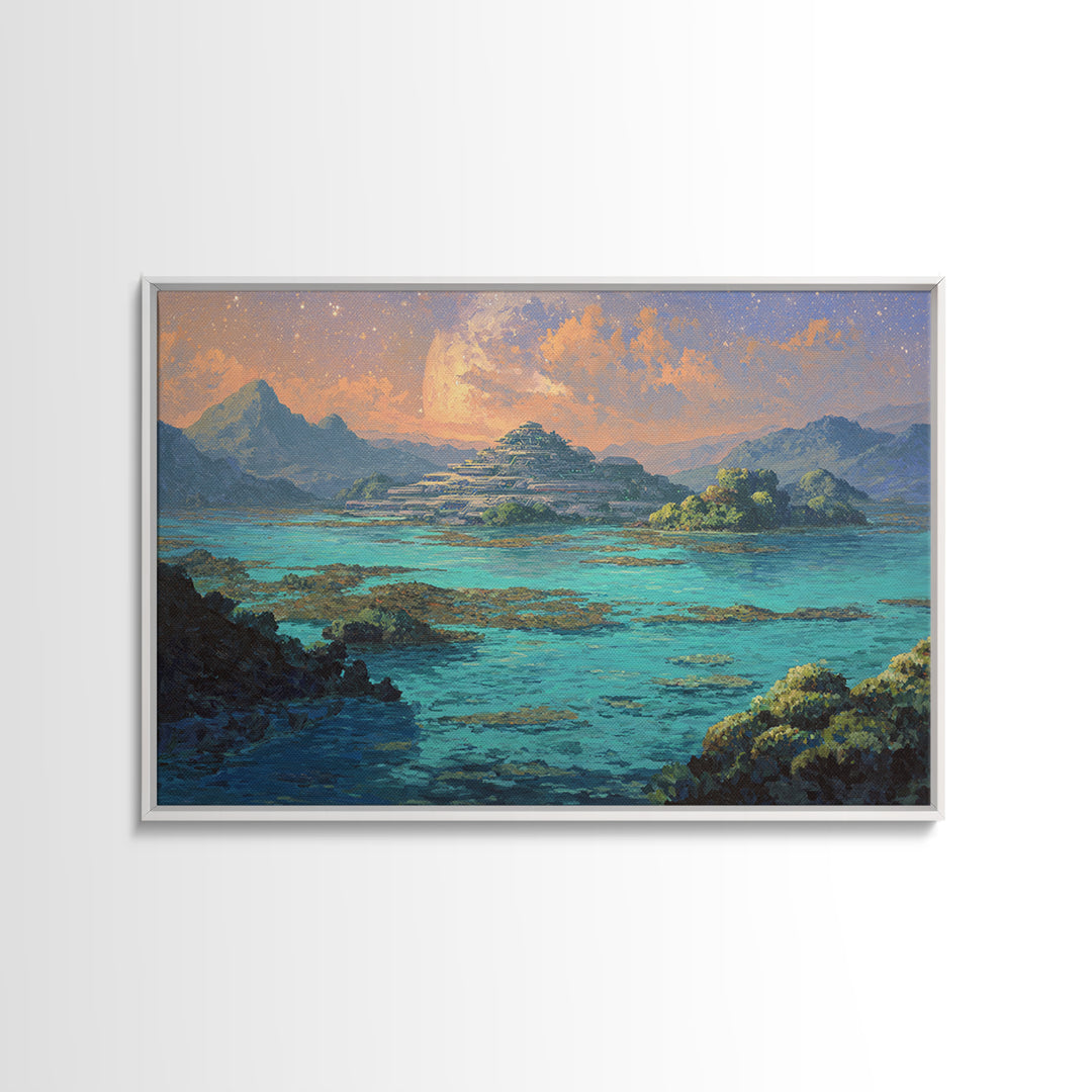 Turquoise Island Temple Landscape, Dreamy African Inspired Wall Art, Canvas Print, Nature Scene Art, Bohemian Home Decor Gift