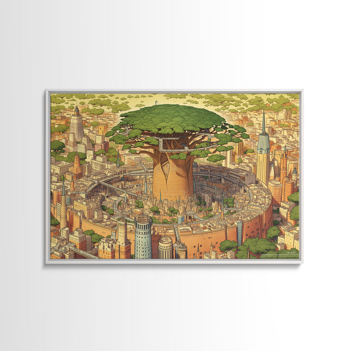 Illustrated Baobab Megacity, African Tree Wall Art, Framed Canvas Print, Afrofuturism Decor, Statement Cultural Home Decor Gift