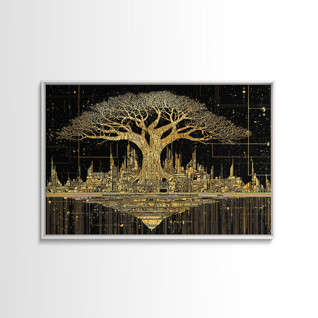 Gold Baobab Futuristic Skyline On Black, African Wall Art, Canvas Print, Black And Gold Art, Luxury Canvas Art Statement Home Decor
