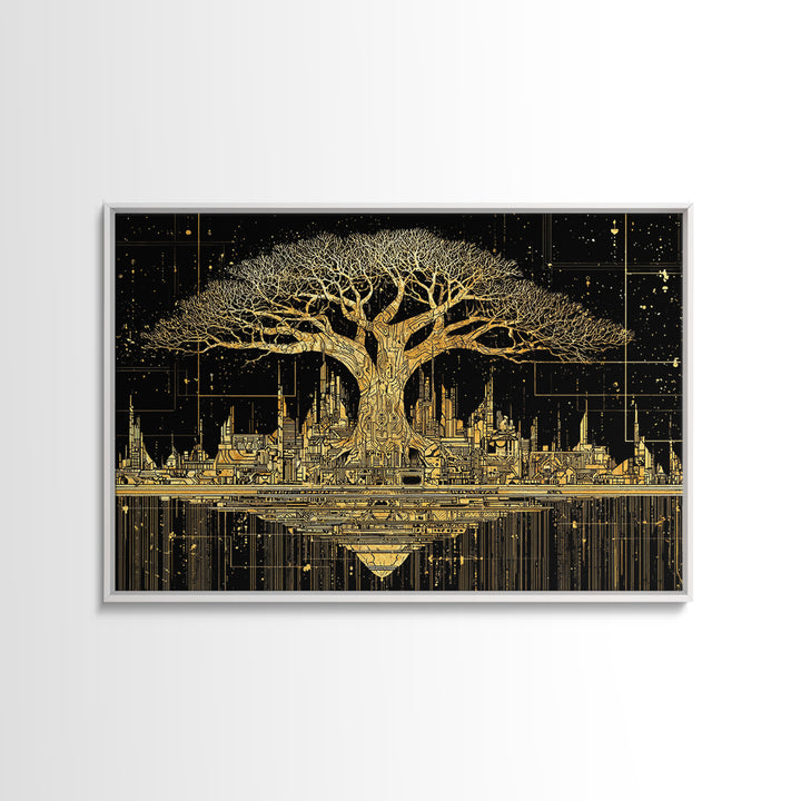 Gold Baobab Futuristic Skyline On Black, African Wall Art, Canvas Print, Black And Gold Art, Luxury Canvas Art Statement Home Decor