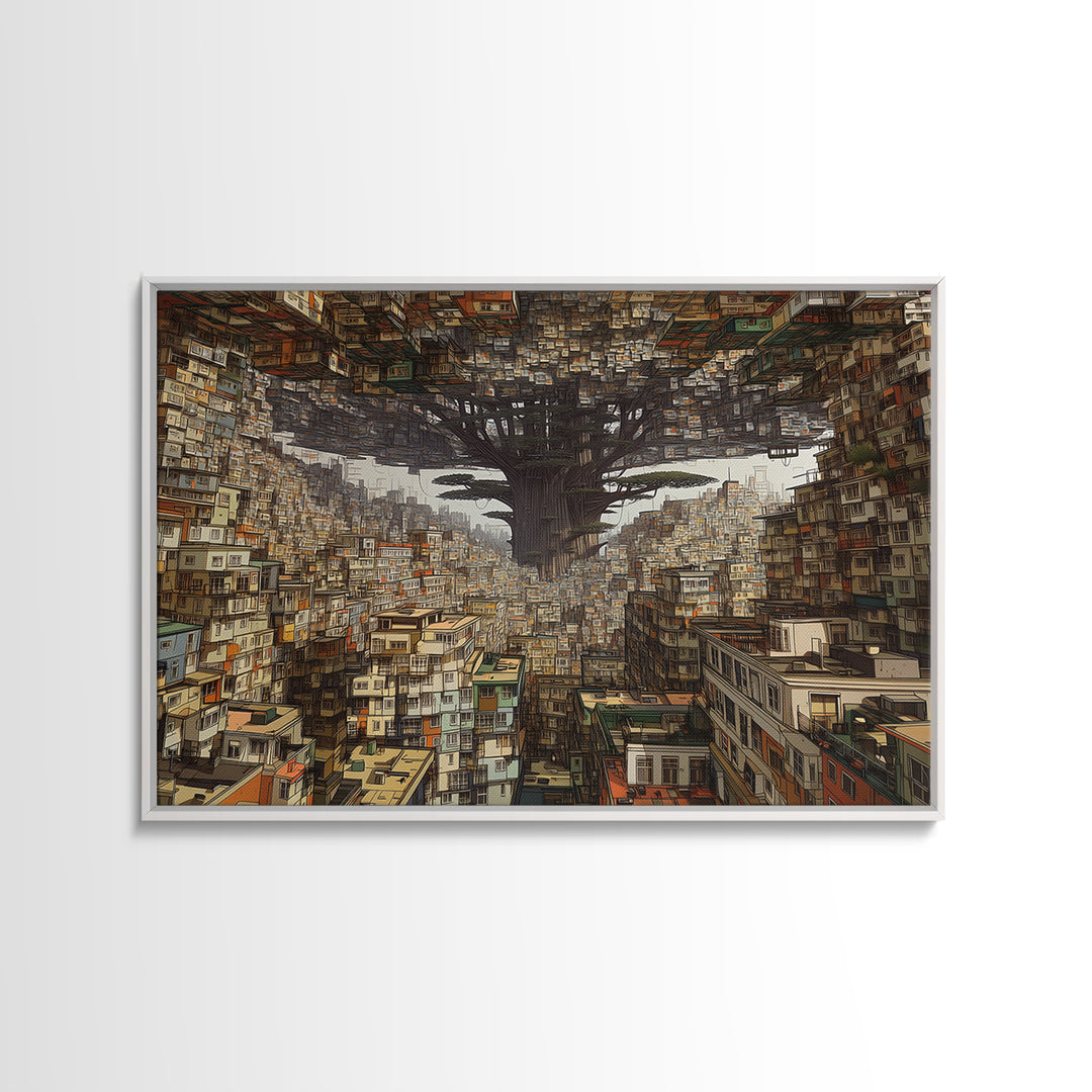 Upside Down Baobab Cityscape, African Abstract Wall Art, Framed Canvas Print, Urban Wall Art, Afrofuturism Statement Home Decor