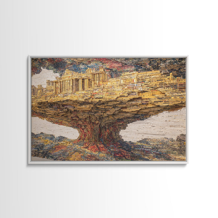 Ancient City Tree Mirage, Textured African Landscape Wall Art, Framed Canvas Print, Cultural Art Print, Earth Tone Decor