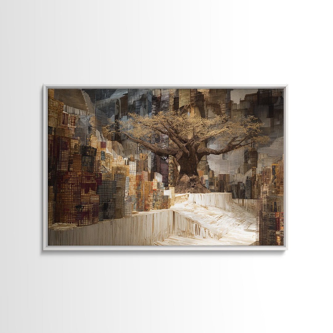 Golden Baobab In Abstract Cityscape Wall Art, African Landscape, Modern African Art, Earth Tone Living Room Decor Canvas