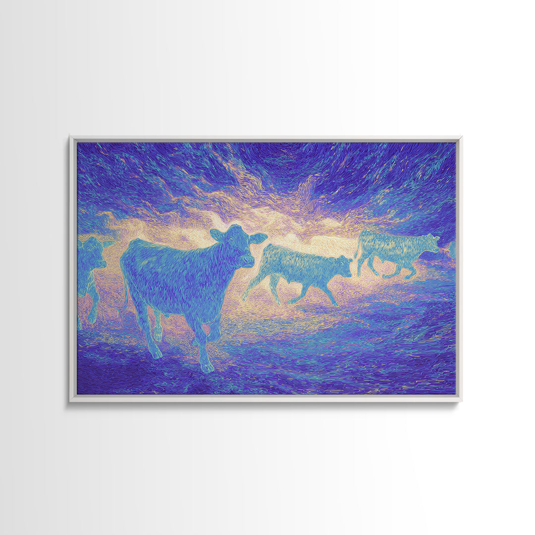 Neon Pastel Cows At Sunset Canvas Print, African Animal Art, Safari Art, Colorful Wall Decor, Farm Animal Living Room Art