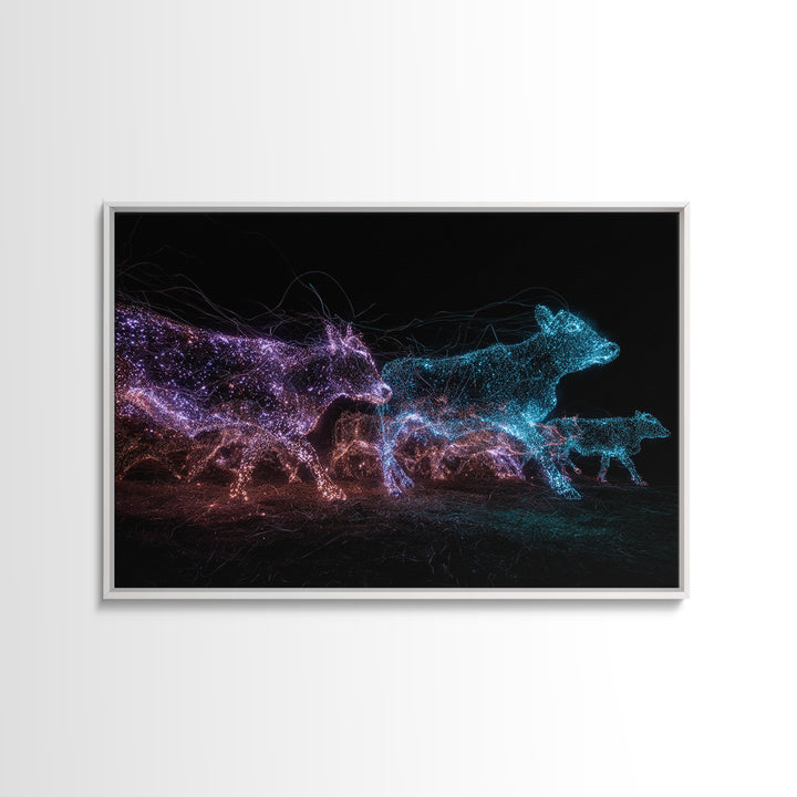 Glowing Digital Cattle Herd Wall Art, African Animal Art, Modern Abstract Black Art, Neon Safari Decor, Unique Canvas Print