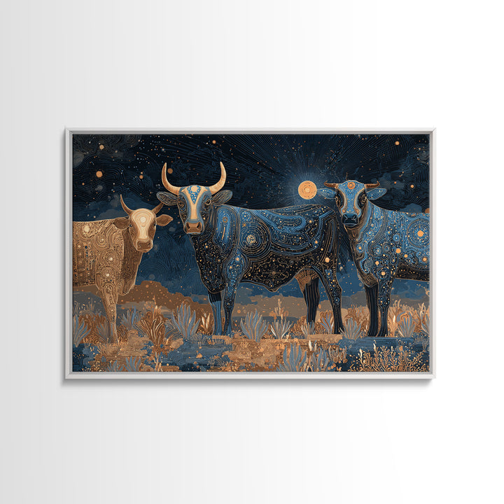Celestial Longhorn Cattle Canvas Print, African Animal Art, Tribal Patterns, Southwestern Wall Decor, Boho Living Room Art