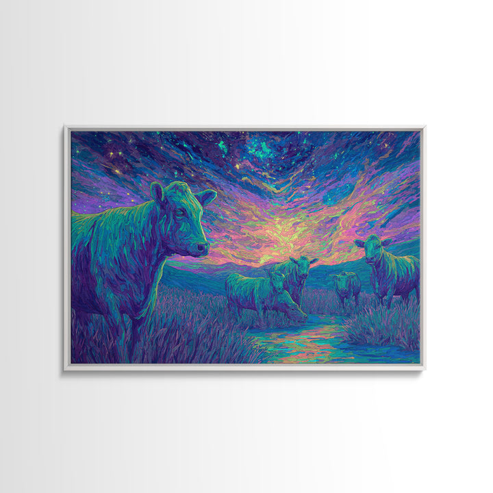 Violet Twilight Cows By Creek Wall Art, African Animal Art, Colorful Safari Art, Dreamy Wall Decor, Nature Scene Canvas Print