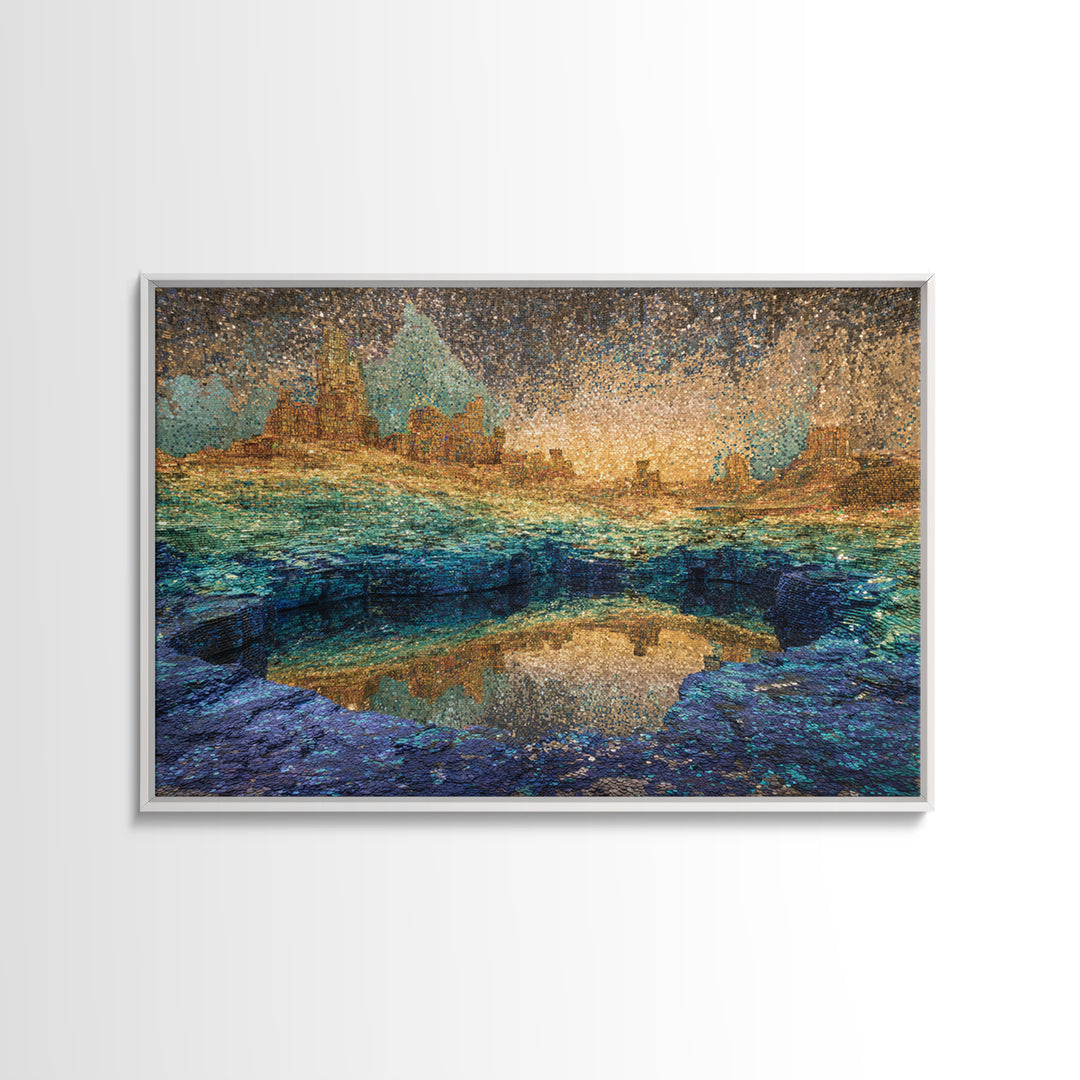 Shimmering Coastal City Lagoon Wall Art, African Landscape, Modern Abstract Art, Teal Gold Decor, Dreamy Living Room Canvas