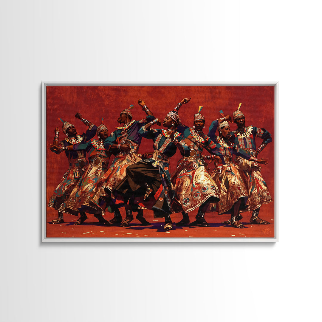 Energetic African Dancers Celebration Wall Art, African Women Art, Cultural Art Print, Red Statement Decor, Afrocentric Canvas