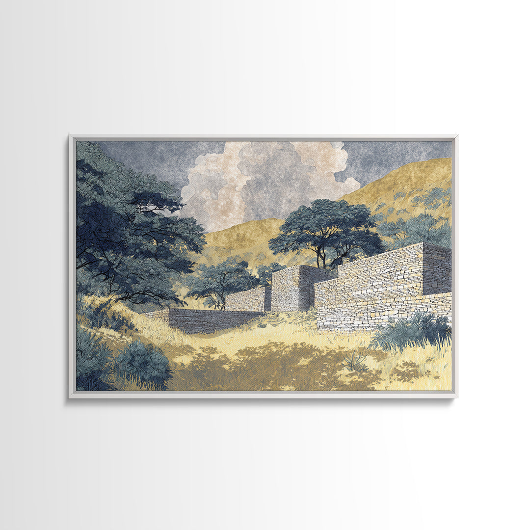 Sunlit Stone Walls In African Hills Framed Canvas Print, Serengeti Landscape Art, Earth Tone Safari Decor Gift, Living Room Wall Decor