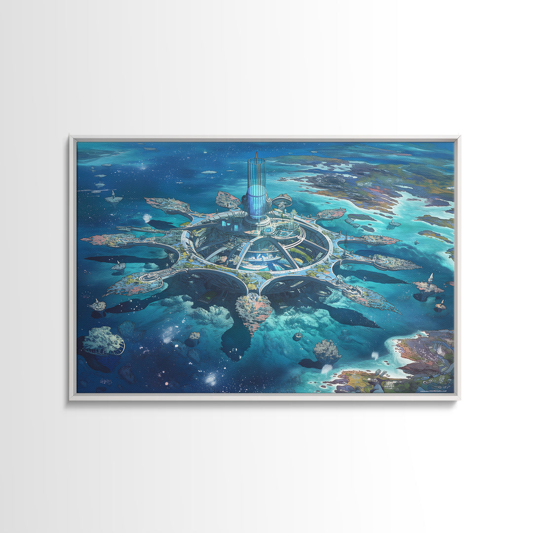 Futuristic Ocean City And Floating Islands Canvas Print, Afrofuturism Wall Art, Blue Sci Fi Coastal Home Decor For Office Gift