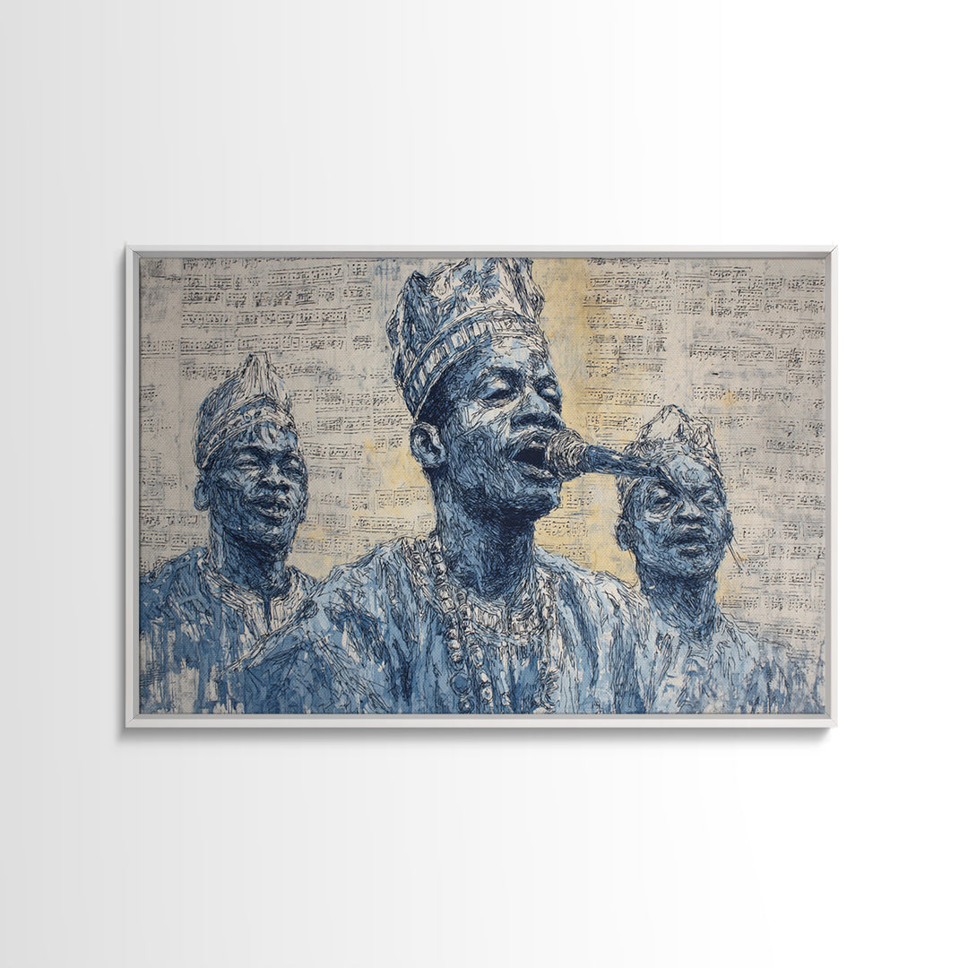 Blue Ink African Musicians Singing In Traditional Hats Wall Art, Cultural Portrait Art Print, Black History Home Decor Gift