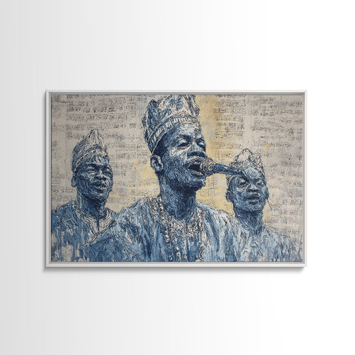 Blue Ink African Musicians Singing In Traditional Hats Wall Art, Cultural Portrait Art Print, Black History Home Decor Gift