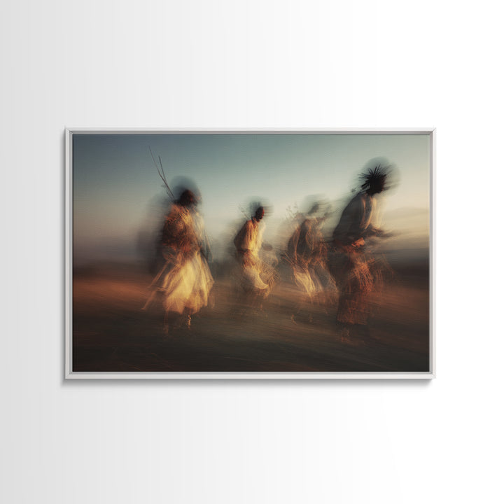 Twilight Tribal Warriors Dancing Framed Canvas Print, African Warrior Art, Safari Culture Wall Decor, Ethnic Home Decor Gift