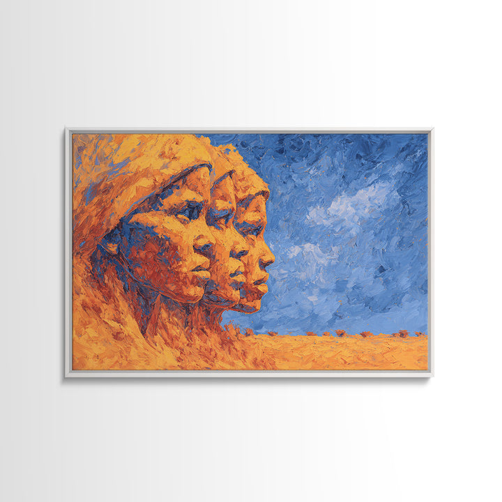Three African Women Profiles Canvas Print, Orange Blue Portrait Wall Art, Black Beauty Art, Afrocentric Home Decor Art Gift