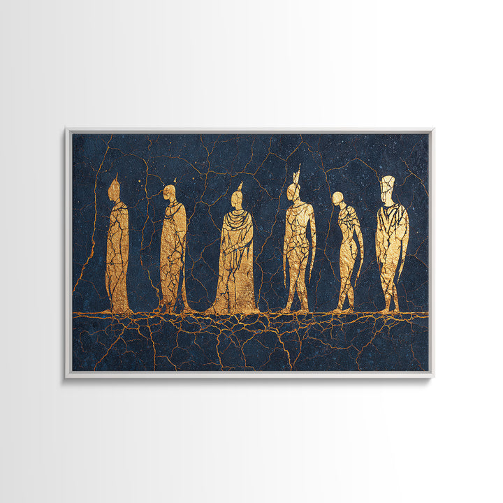 Golden Tribal Figures On Cracked Blue Wall Art, Ancient African Art Print, Ethnic Sculpture Decor, Cultural Home Decor Gift