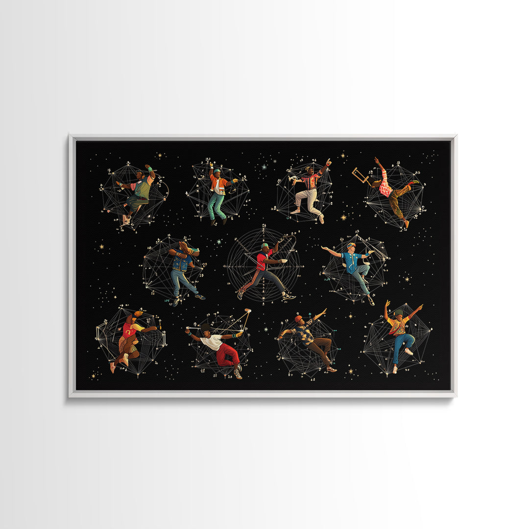 Cosmic African Dancers With Geometric Stars Wall Art, Afrofuturism Decor, Black Culture Art Print, Modern Canvas Art Gift