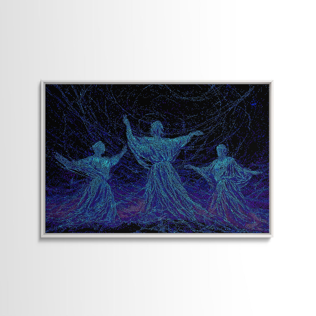 Glowing Blue African Dancers In Starry Motion Wall Art, Afrocentric Decor, Spiritual Feminine Canvas, Modern Black Art Prints