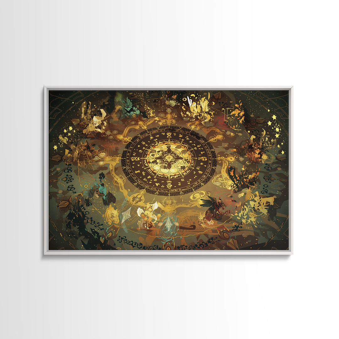 Golden Zodiac Circle And Mystical Animals Wall Art, Spiritual Decor, Astrology Inspired Canvas Print, Boho Home Decor, Gift