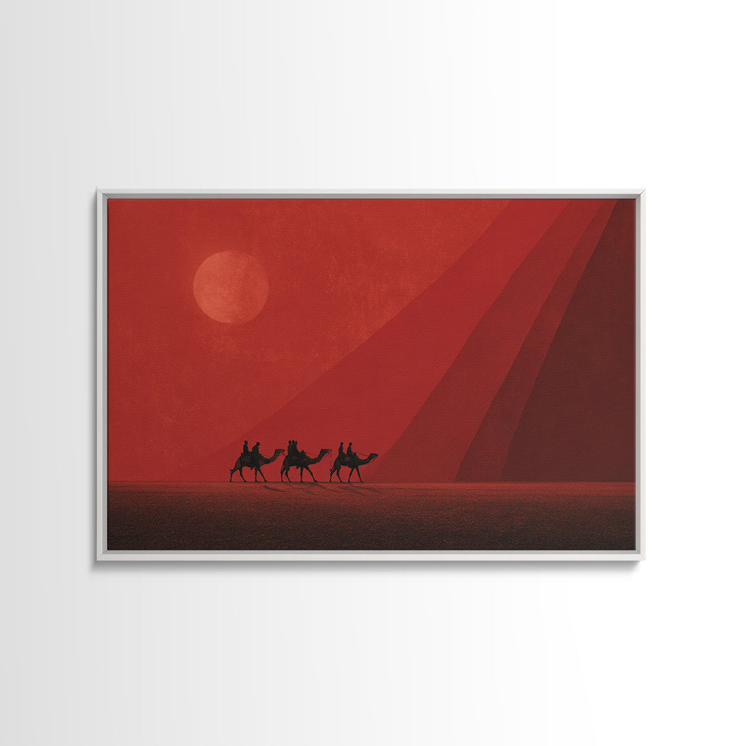 Red Desert Camel Caravan At Sunset Canvas Print, African Safari Art, Morocco Travel Poster, Earth Tone Wall Decor Gift For Him