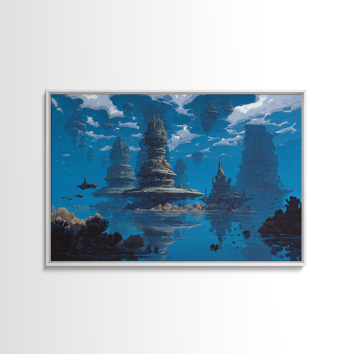 Blue Underwater Fantasy Cityscape Wall Art, Modern Canvas Print, Dreamy Ocean Decor, Unique Large Living Room Art, Home Decor Gift