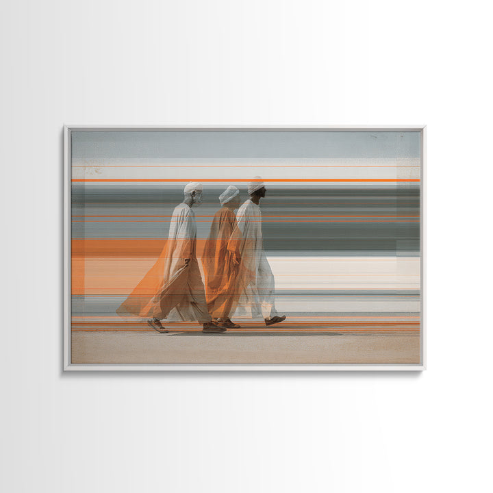 Three Robed Travelers In Motion Wall Art, African Inspired Modern Canvas, Cultural Home Decor, Statement Living Room Print