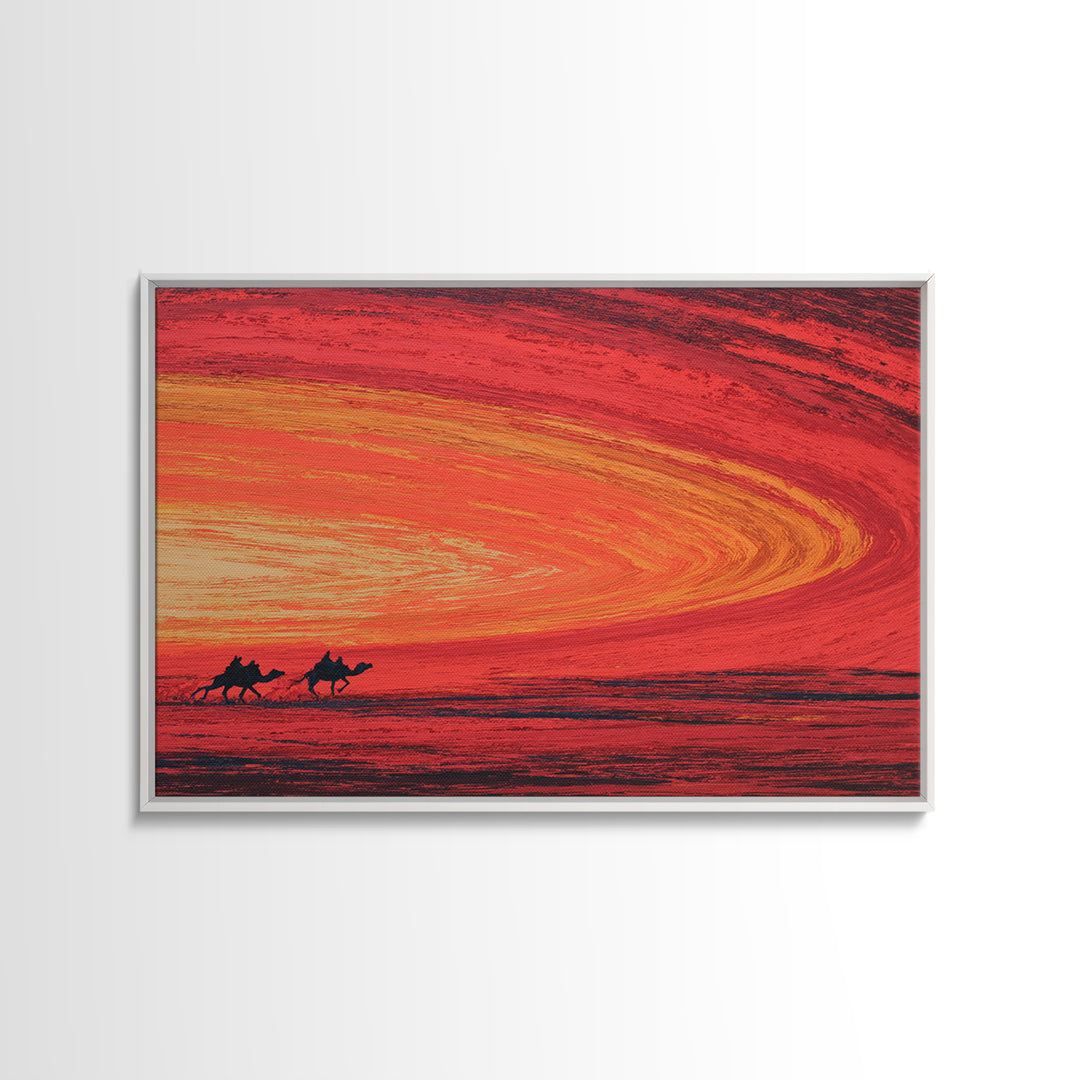 Camels Crossing Fiery Desert Sunset Canvas Print, African Safari Art, Burnt Orange Decor, Travel Poster, Statement Wall Decor