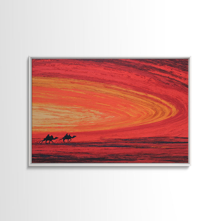 Camels Crossing Fiery Desert Sunset Canvas Print, African Safari Art, Burnt Orange Decor, Travel Poster, Statement Wall Decor
