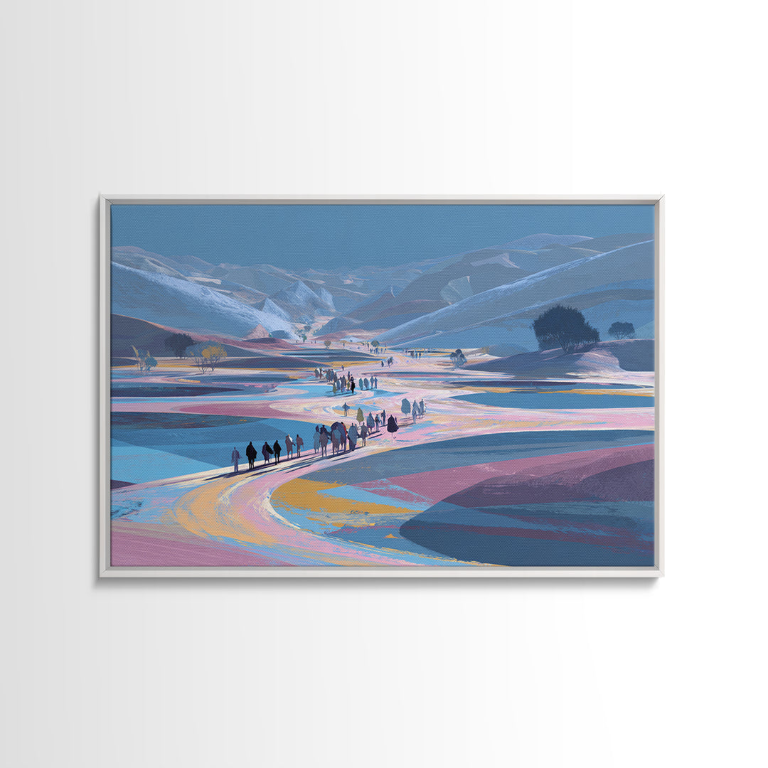 Pastel Mountain Valley Caravan Wall Art, African Landscape Inspired Travel Print, Blue Pink Nature Scene Art, Large Decor