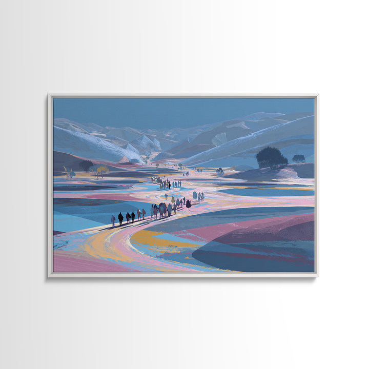 Pastel Mountain Valley Caravan Wall Art, African Landscape Inspired Travel Print, Blue Pink Nature Scene Art, Large Decor