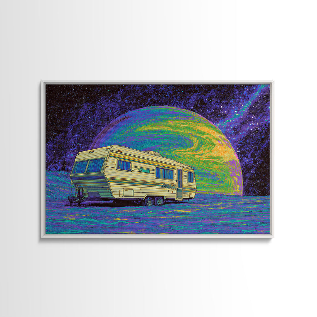 Retro Camper On Psychedelic Alien Planet Canvas Print, Digital Art, Afrofuturism Decor, Space Travel Poster, Unique Wall Decor
