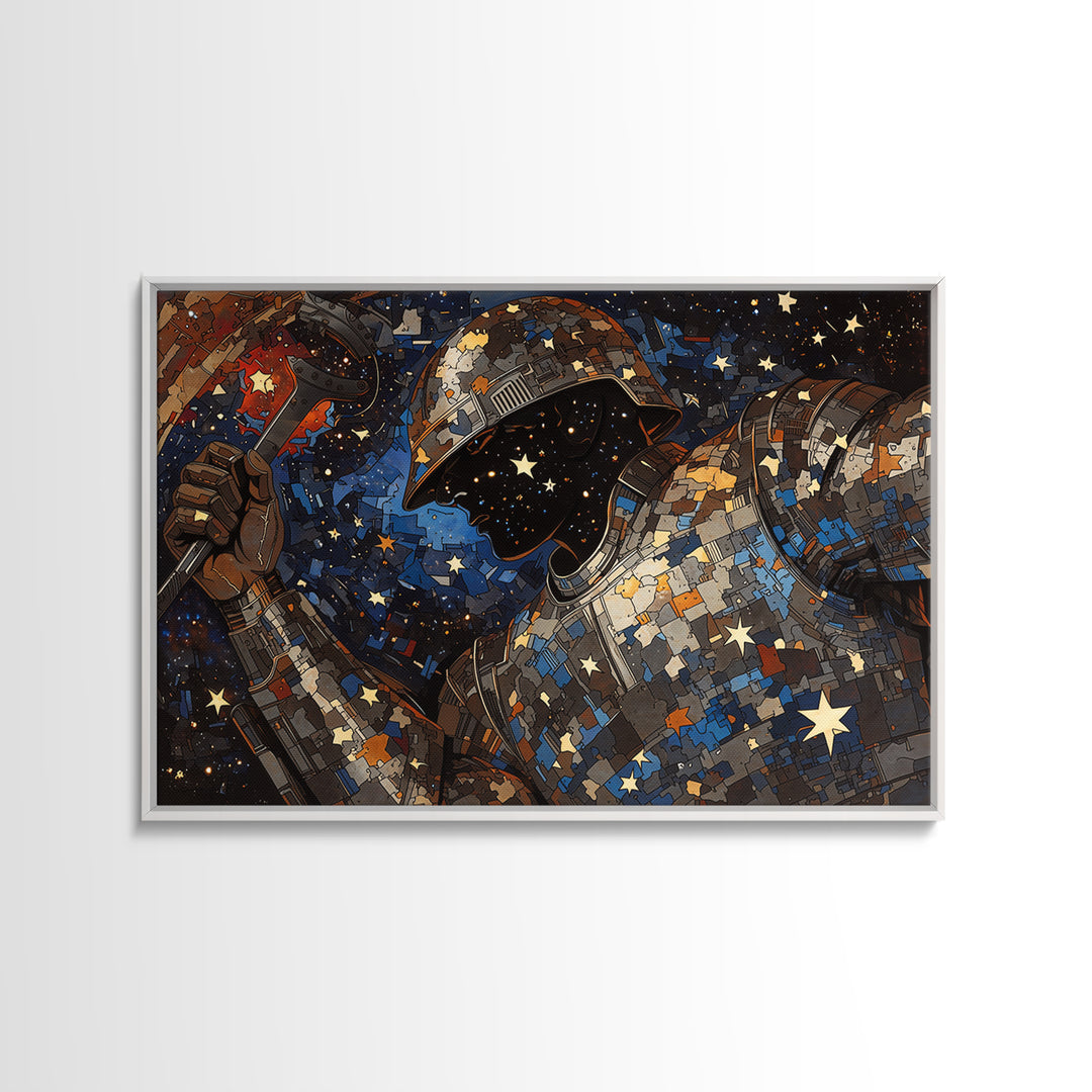 Star Filled Cosmic Warrior Portrait Framed Canvas Print, African Warrior Art, Afrofuturism Decor, Bold Contemporary Art Print