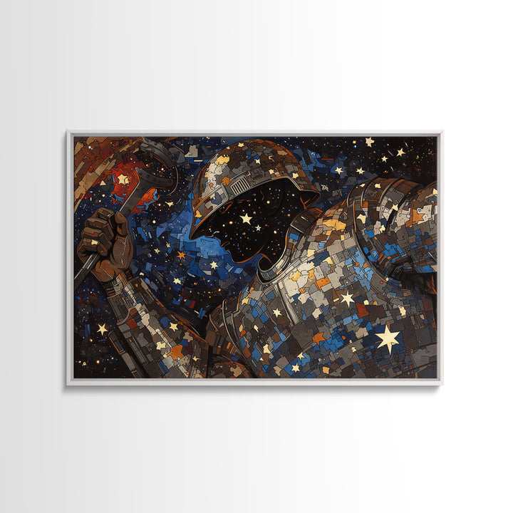 Star Filled Cosmic Warrior Portrait Framed Canvas Print, African Warrior Art, Afrofuturism Decor, Bold Contemporary Art Print