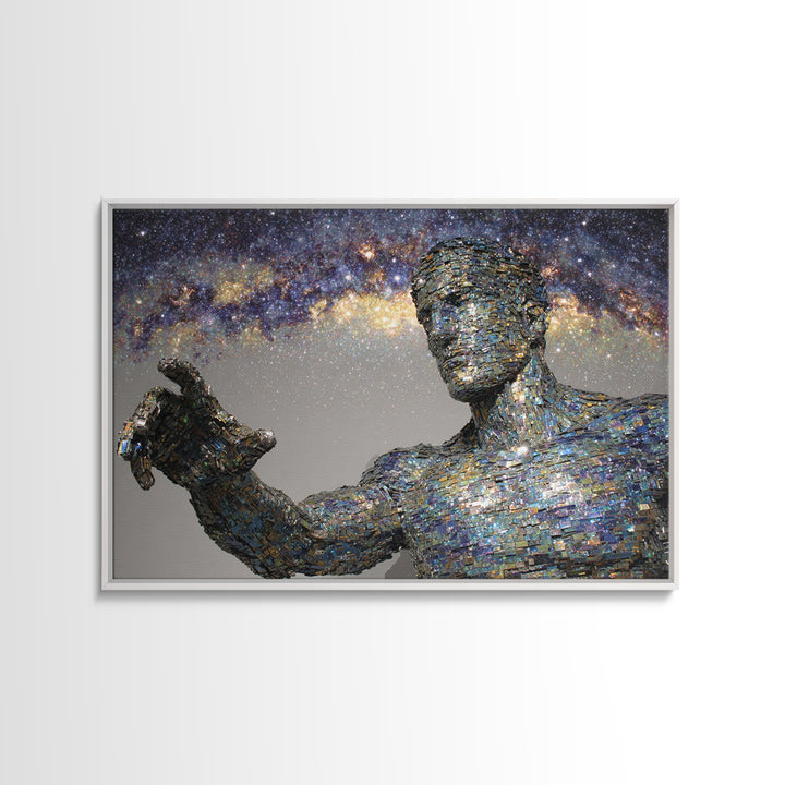 Faceless Cosmic Figure Reaching To Stars Framed Canvas Print, Modern Sculpture Art, Galaxy Wall Decor, Unique Canvas Art