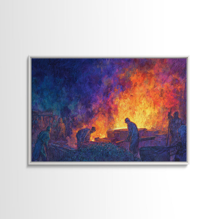 Workers Around Blazing Forge Wall Art, African American Art, Industrial Painting, Blue Orange Decor, Cultural Home Decor