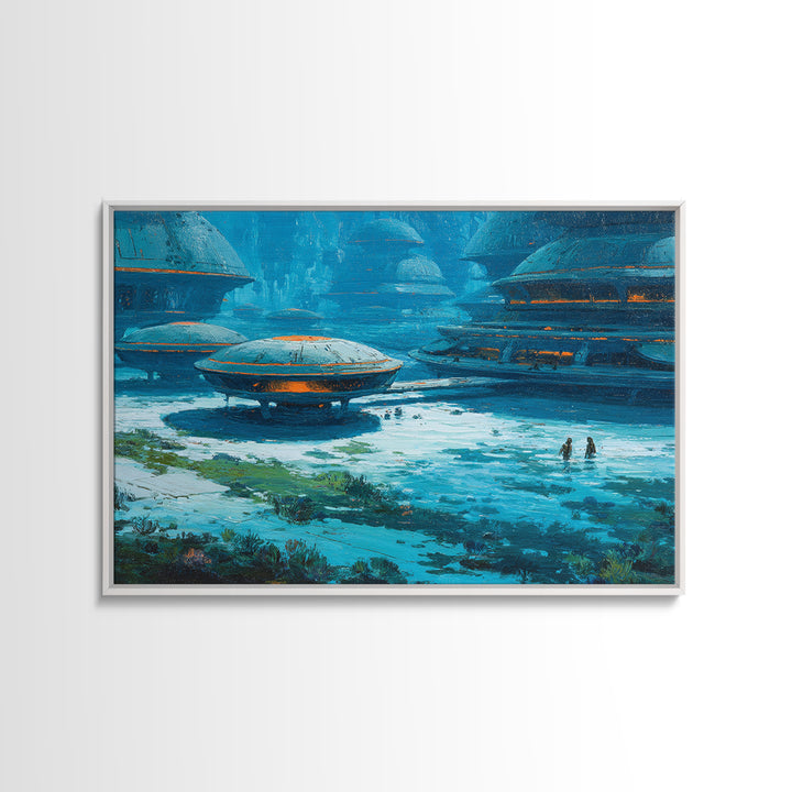 Blue Futuristic African Village Canvas Print, Afrofuturism Decor, Sci Fi Landscape, Modern Canvas Art, Unique Home Decor Gift
