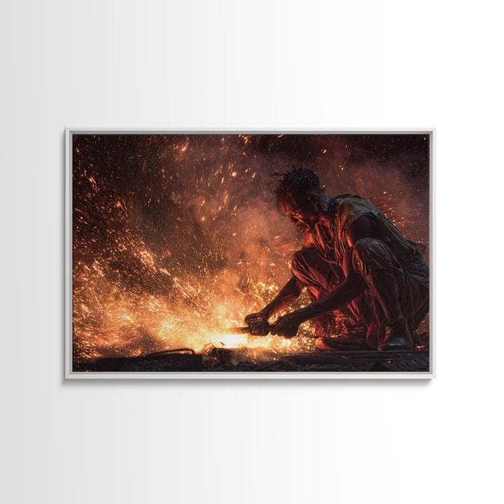 Black Artisan Forging Sparks Framed Canvas Print, African American Art, Black Man Portrait, Powerful Industrial Wall Decor Gift