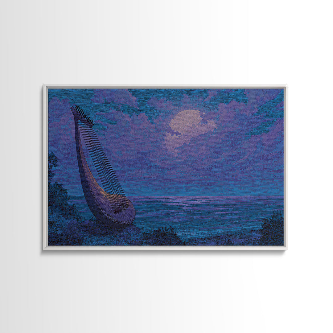 Moonlit African Kora By Ocean, Blue Purple Canvas Print, Afrocentric Wall Decor, African Music Art, Dreamy Coastal Decor