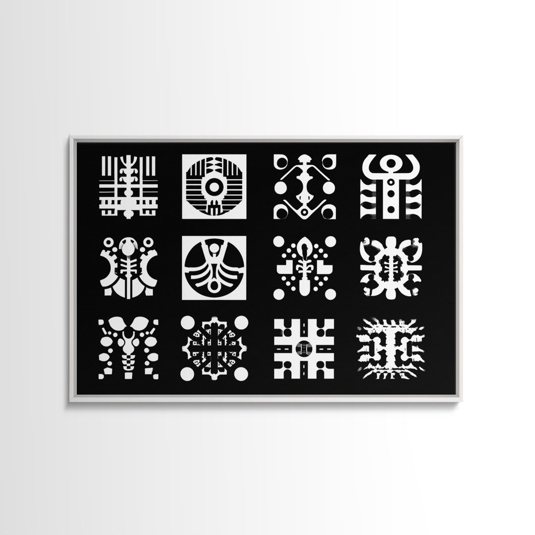 Black And White African Tribal Symbols Wall Art, Geometric Pattern Print, Afrocentric Decor, Modern African Art, Bold Office Decor