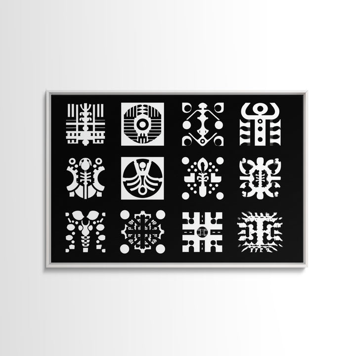 Black And White African Tribal Symbols Wall Art, Geometric Pattern Print, Afrocentric Decor, Modern African Art, Bold Office Decor