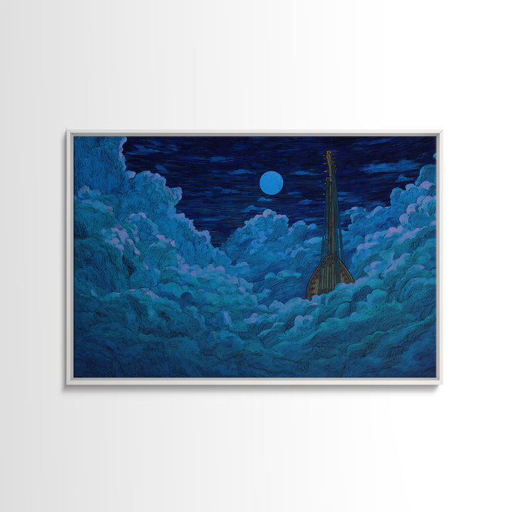 Blue Moon African Kora In Clouds Canvas Print, Dreamy Night Sky Wall Art, Afrocentric Music Decor, Mystical Bedroom Decor