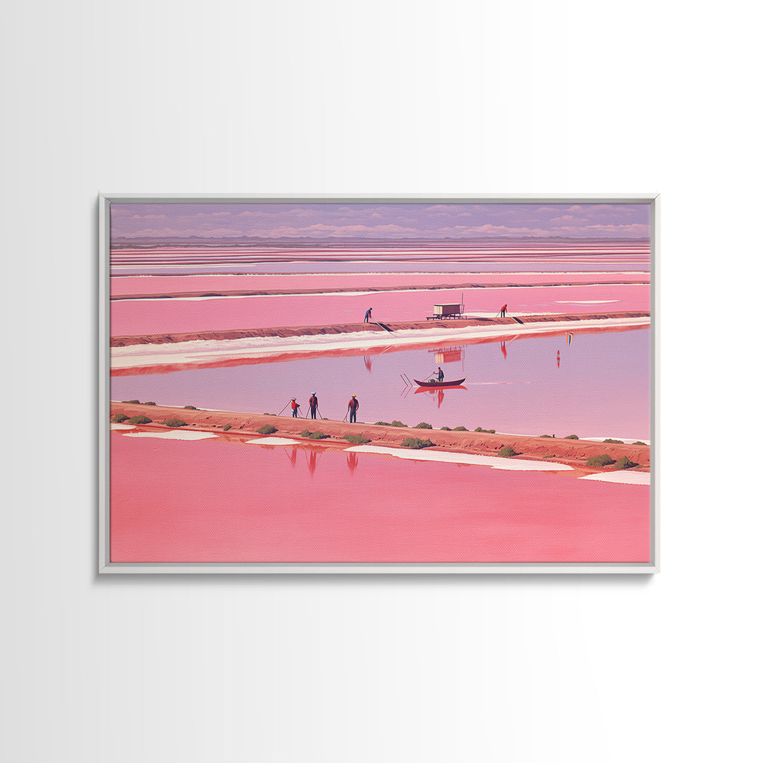 Pink African Salt Lake With Boats Wall Art, Senegal Inspired Landscape, Pastel Travel Print, Coastal Home Decor, Unique Gift