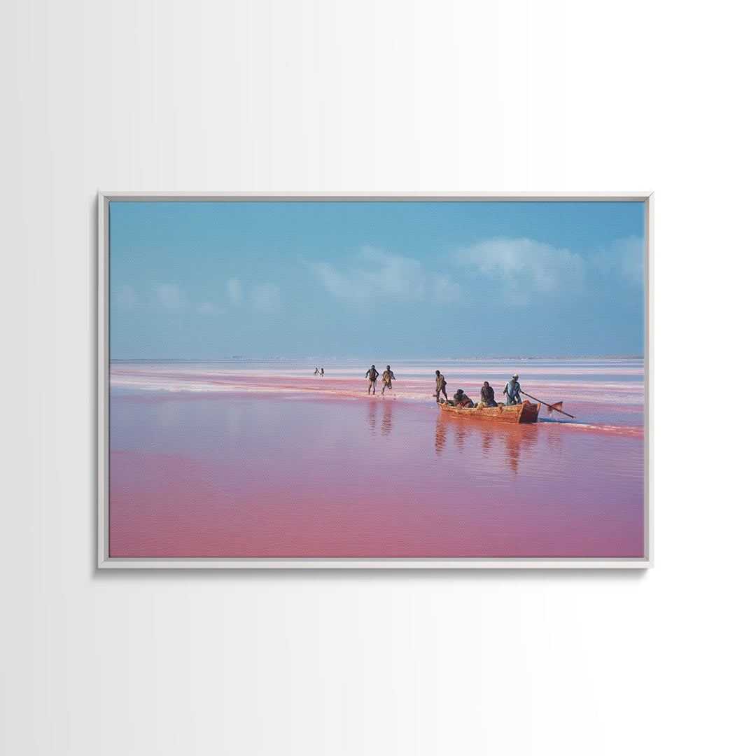 Pink Lake Boat With African Fishermen Wall Art, Senegal Travel Photography, Coastal Canvas Print, Pastel Blue Home Decor Gift