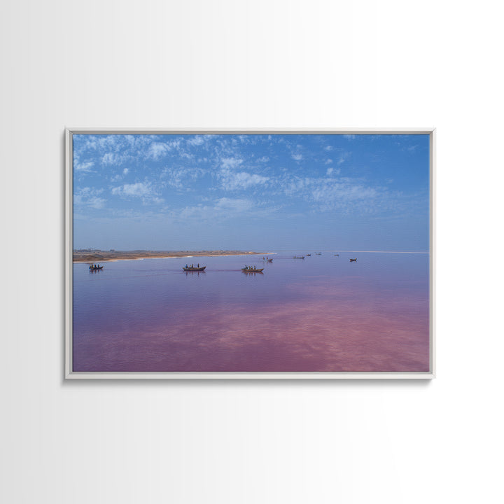 Wide Pink African Lake With Fishing Boats Wall Art, Serene Travel Photography, Blue Sky Canvas Print, Coastal Living Room Decor