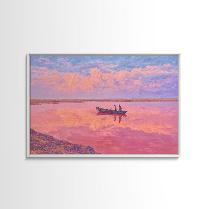 Pastel Pink Lake Boat At Sunset Canvas Print, African Landscape Wall Art, Dreamy Coastal Decor, Senegal Inspired Travel Gift