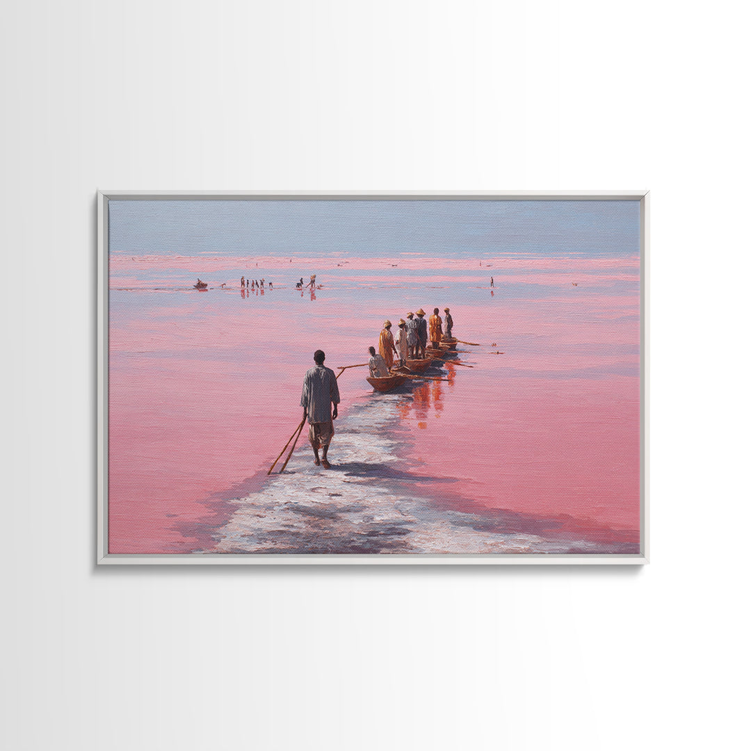 Pink Salt Lake Fishermen And Boats Wall Art, African Landscape, Senegal Travel Poster, Coastal Fishing Decor, Large Canvas