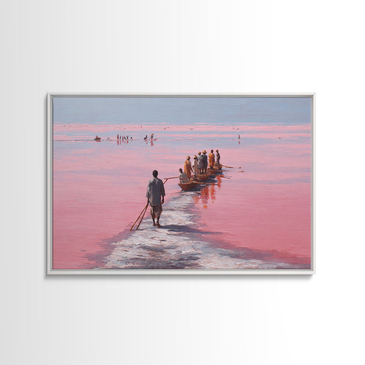 Pink Salt Lake Fishermen And Boats Wall Art, African Landscape, Senegal Travel Poster, Coastal Fishing Decor, Large Canvas
