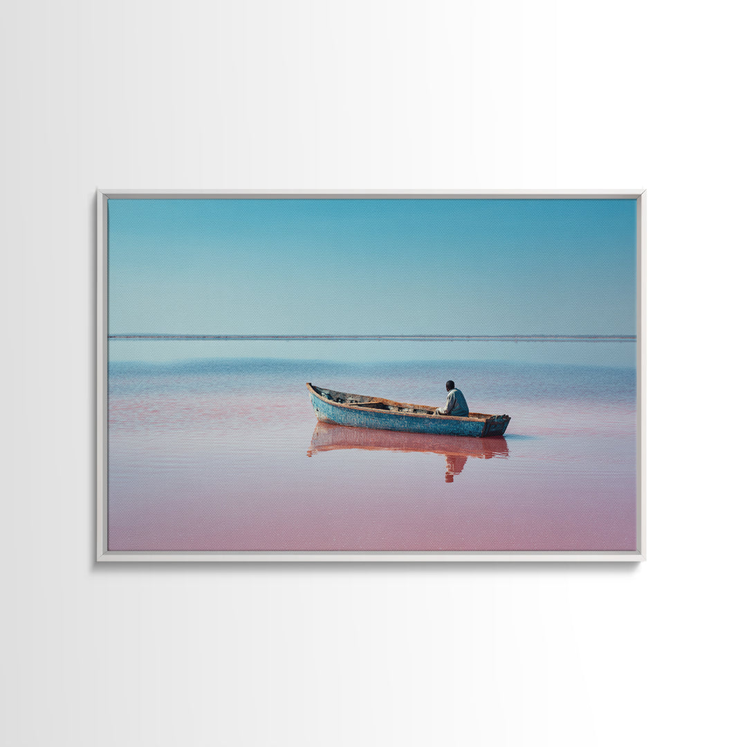 Lone Blue Boat On Pink Lake Canvas Print, African Landscape, Minimalist Travel Poster, Serene Coastal Wall Decor Gift For Home